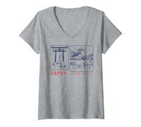 Donna Giappone Torii Wave Floral Motif Blue Edition Maglietta con Collo a V