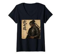 Donna Giapponese Afro Americano Samurai Bushido Guerriero Nero Katana Maglietta con Collo a V