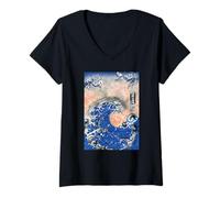Donna Giapponese Big Wave Cherry Blossom Ukiyo-e Ocean Art Maglietta con Collo a V