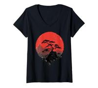 Donna Giapponese Bonsai Tramonto Montagna Uccello Silhouette Maglietta con Collo a V