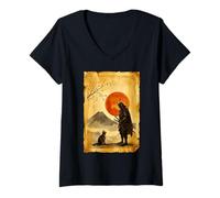 Donna Giapponese Bushido Zen Mountain Artistico Giappone Samurai Cat Maglietta con Collo a V