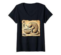 Donna Giapponese Cave Art Noodle Amante Carino Pangolin Ramen Maglietta con Collo a V