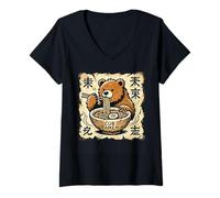 Donna Giapponese Cave Art Noodle Amante Fauna Selvatica Cucciolo Orso Ramen Maglietta con Collo a V