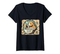 Donna Giapponese Cave Art Noodle Amante Fauna Selvatica Cucciolo Orso Ramen Maglietta con Collo a V