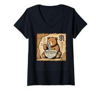 Donna Giapponese Cave Art Noodle Amante Fauna Selvatica Cucciolo Orso Ramen Maglietta con Collo a V