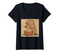 Donna Giapponese Cave Art Noodles Amante Fauna Selvatica Beaver Ramen Maglietta con Collo a V