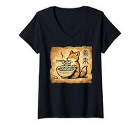Donna Giapponese Cave Art Noodles Amante Fauna Selvatica Carino Fox Ramen Maglietta con Collo a V