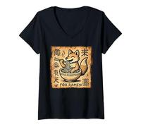 Donna Giapponese Cave Art Noodles Amante Fauna Selvatica Carino Fox Ramen Maglietta con Collo a V
