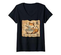 Donna Giapponese Cave Art Noodles Amante Fauna Selvatica Carino Fox Ramen Maglietta con Collo a V