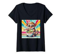 Donna Giapponese Cave Art Noodles Amante Fauna Selvatica Carino Tarsier Ramen Maglietta con Collo a V