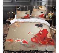 donna giapponese copripiumino 3 Pezzi stampa 3D con federa per cuscini cerniera nascosta con cerniera kimono rosso tradizionale Set Di Copripiumino for ragazzi e adolescenti Single（135x200cm）