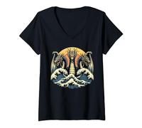 Donna Giapponese Dragon King Ghidorah Grande Onda al tramonto Kanagawa Maglietta con Collo a V