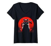 Donna Giapponese Gatti Amanti E Cool Combattimento Ninja Cat Fighter Maglietta con Collo a V