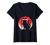 Donna Giapponese Gatti Amanti Retro Cool Combattimento Ninja Cat Fighter Maglietta con Collo a V