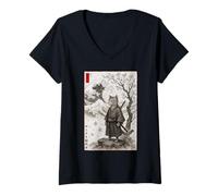 Donna Giapponese Kanagawa Edo Pittura Ukiyo-e Samurai Cat Maglietta con Collo a V