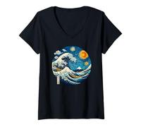 Donna Giapponese Kanagawa Wave Starry Night Mt Fuji Ragazzi Ragazze Bambini Maglietta con Collo a V