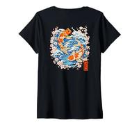 Donna Giapponese Koi Pesce Giappone Sakura Onde Kanji Back Art Maglietta con Collo a V