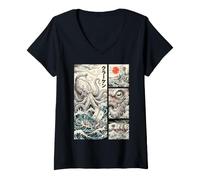 Donna Giapponese Kraken Mare Mostro Nave Comico Grande Onda Oceano Arte Maglietta con Collo a V