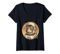 Donna Giapponese minimalista anni '50 Retro Space Cat Good Luck Kanji Maglietta con Collo a V