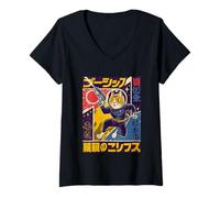 Donna Giapponese minimalista anni '50 Retro Space Cat Good Luck Kanji Maglietta con Collo a V