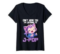 Donna Giapponese Pop Cat Can't Hear You Sto Ascoltando J-Pop Maglietta con Collo a V