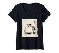 Donna Giapponese Rana Sumi-e Pittura Zen Art Illustrazione Maglietta con Collo a V