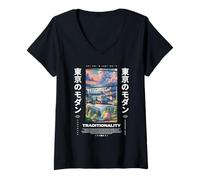 Donna Giapponese Retrò 90s Vintage Tokyo Città Giappone Vista Maglietta con Collo a V