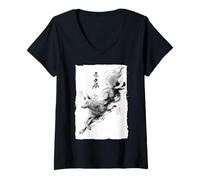 Donna Giapponese Salto Volpe Arte Vintage Sumi-e Kitsune Maglietta con Collo a V