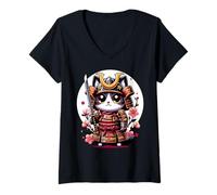 Donna Giapponese Samurai Kawaii Cat Estetica Ninja Art Maglietta con Collo a V