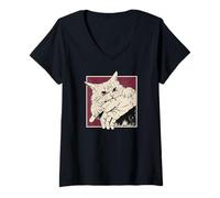 Donna Giapponese Vintage Cat Bite Retro Horror Grafica Maglietta con Collo a V