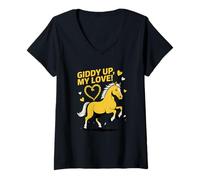 Donna Giddy Up My Love Horse Amante Cavaliere Cavaliere Romance Maglietta con Collo a V