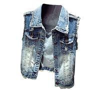 Donna Gilet di Jean Risvolto Slim Fit Distressed Denim Giacca Corte Senza Maniche Eleganti Blu XL