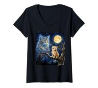 Donna Ginger Kitten Howling at The Moon Night Sky Cat Art Maglietta con Collo a V