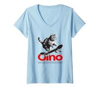 Donna GINO - Nome ragazzo simpatico con gatto e skateboard Maglietta con Collo a V