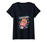 Donna Giocatore di Carte da Casinò Maneki Neko Luck Rush Lucky Cat Maglietta con Collo a V