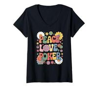 Donna Giocatore di poker anni '60 '70 Hippie Retro Peace Love Poker Maglietta con Collo a V