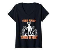 Donna Giocatore di Violino di Giorno Zombie di Notte Divertente Halloween Musica Maglietta con Collo a V