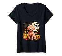 Donna Giocattolo Barboncino Halloween Carino Cane Zucca Spooky Stagione Maglietta con Collo a V