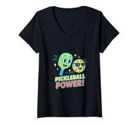 Donna Gioco di pickleball paddle e palla cartone animato divertimento Maglietta con Collo a V