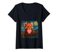 Donna Giocoso Panda Rosso Che Tiene Cuore Starry Night Opera D'arte Maglietta con Collo a V