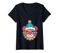 Donna Giocoso Patchwork Clown Face Allegro Espressione Maglietta con Collo a V