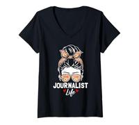 Donna Giornalista Vita Divertente Messy Bun Press Giornalismo Amanti Maglietta con Collo a V