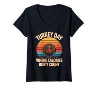 Donna Giornata della Turchia in cui le calorie non contano Retro Bird Turkey Maglietta con Collo a V