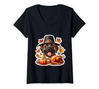 Donna Giorno del Ringraziamento Mastino Proprietario Cane Amante Divertente Pellegrino Turchia Maglietta con Collo a V