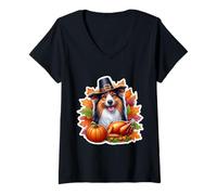 Donna Giorno del Ringraziamento Miniature American Shepherd Dog Proprietario Divertente Maglietta con Collo a V