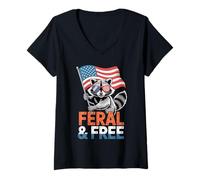 Donna Giorno dell'indipendenza dei procioni patriottici selvaggi e liberi Maglietta con Collo a V
