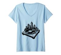 Donna Giradischi DJ in vinile City Skyline, Old Skool Jungle Rave Music Maglietta con Collo a V