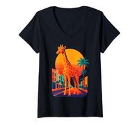 Donna Giraffa Stile al Sole Tramonto Urbano - Animale Selvatico Maglietta con Collo a V
