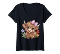 Donna Girasole Highland Mucca - -Bestiame - Azienda agricola - Allevamento bovino Maglietta con Collo a V