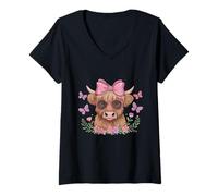 Donna Girasole Highland Mucca - -Bestiame - Azienda agricola - Allevamento bovino Maglietta con Collo a V